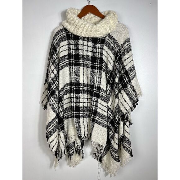 Plaid Turtleneck Fringe Trim Poncho size S/M - Picture 1 of 7